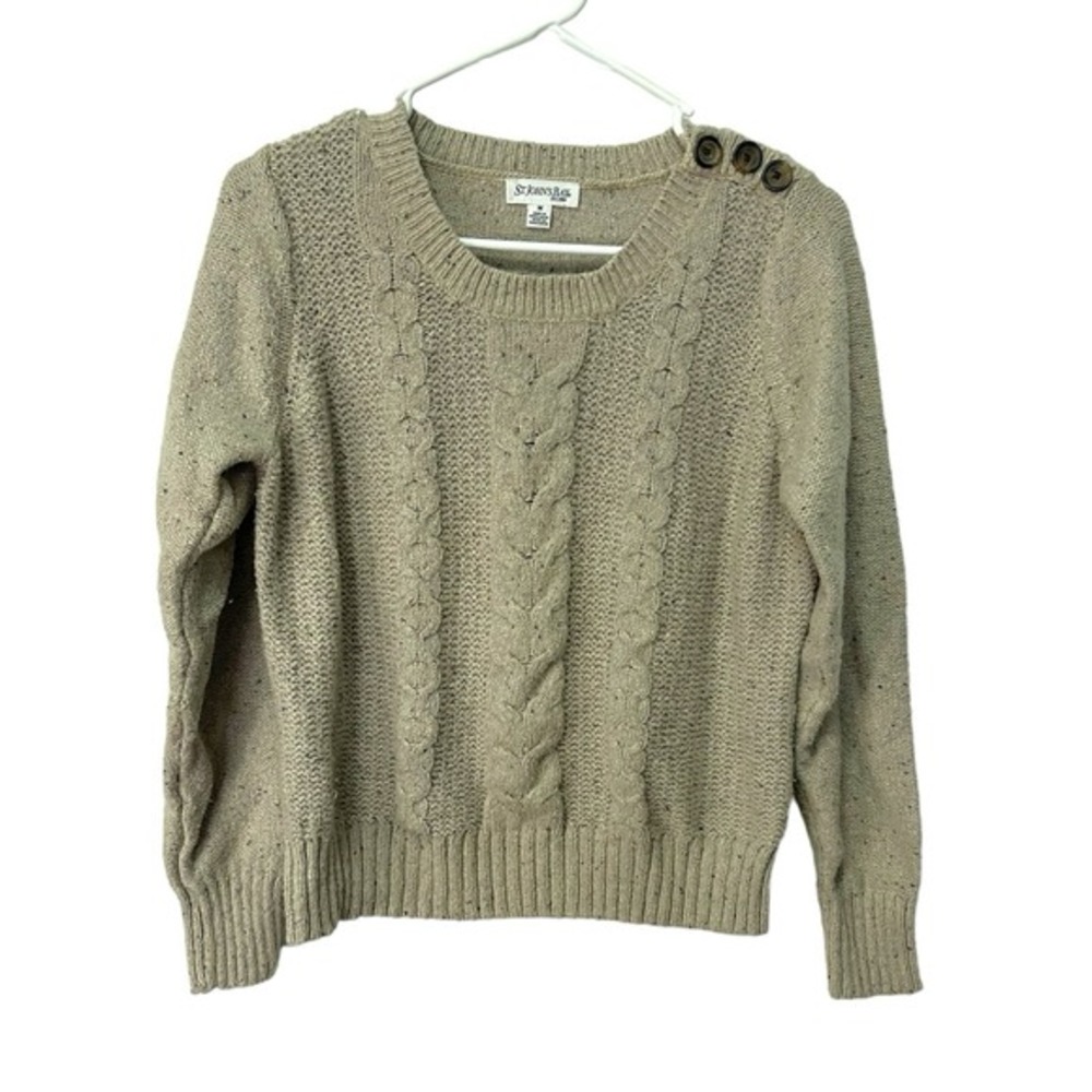 St. Johns Bay M Tan Cable Knit Sweater Button Shoulder Cottagecore Coastal